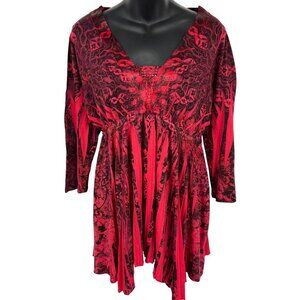 One World Blouse Size Large L Red Black Tunic Top Beaded Neck Long Sleeve New